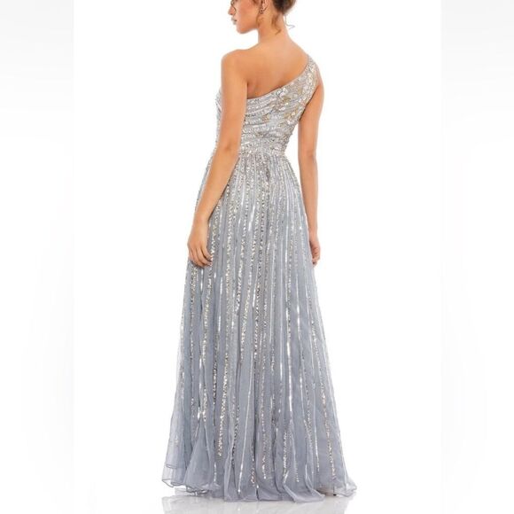 Mac Duggal 5220 Silver Sequin one shoulder gray embellished Gown wedding prom 4 - Picture 2 of 14